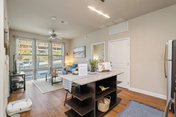 Kitchen with view of living room
